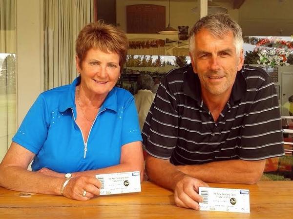 Tinwald Golf Club NZ Open ticket winners Jacqui Beardsley and Paul Hefford.